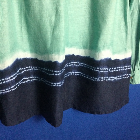 Donna Karan Shirt Large Linen Button Up Blues Teal Navy - Picture 11 of 12